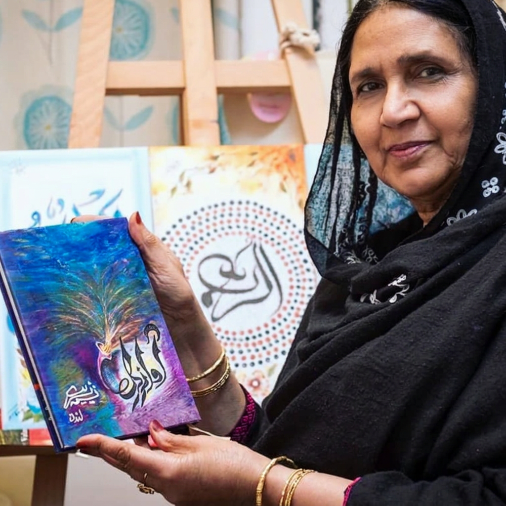 Naseema Nasreen Ali holding her book of Urdu poetry