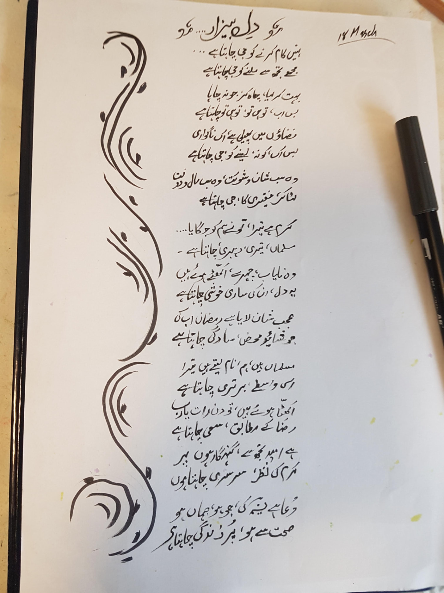 Handwritten Urdu poem Dil-e-Bezaar with a flowing black ink flourish down the page
