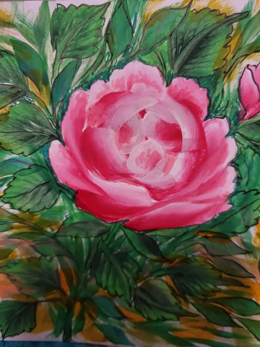 Pink Rose in Leaf — painting by Naseema Ali